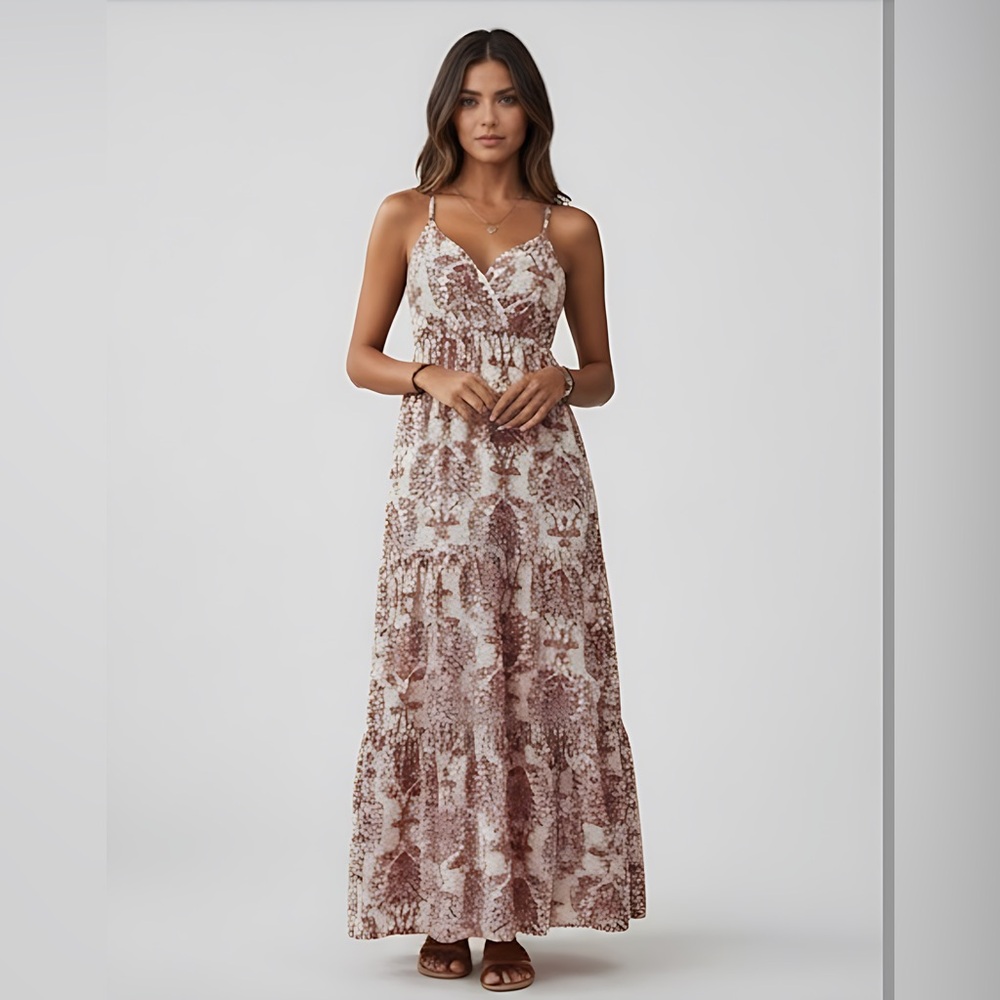 Boho Floral Print Sleeveless Cross-Front Maxi Dress Rust